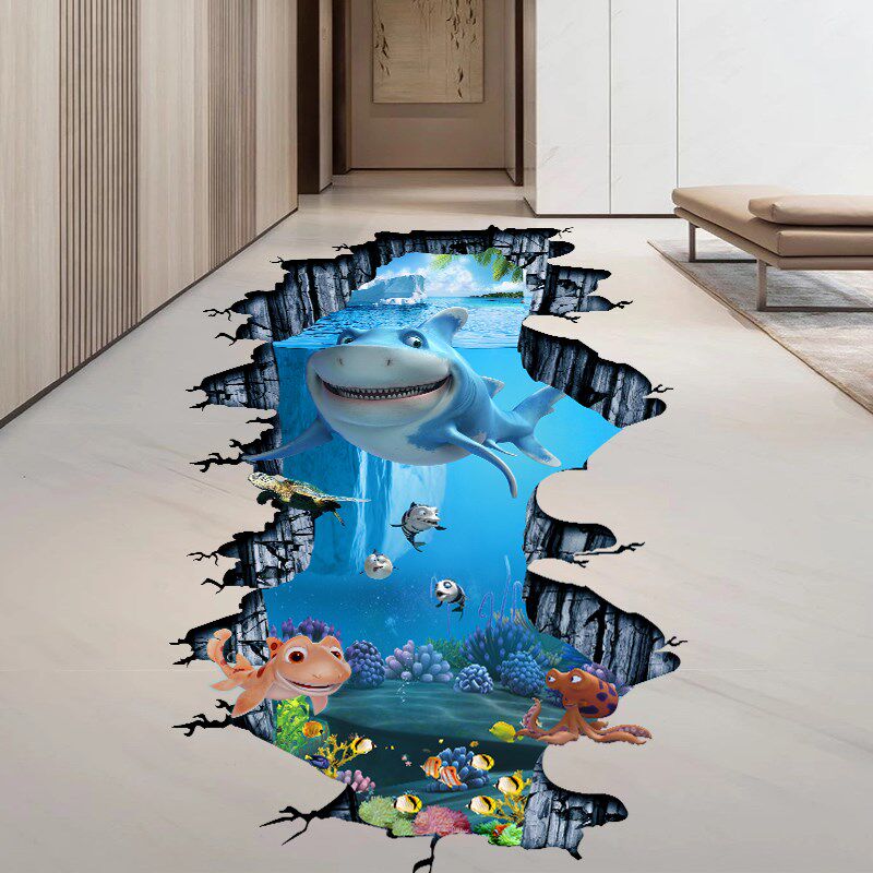 地画大嘴鲨海洋世界3d立体墙贴防水地板贴儿童房卧室客厅地面贴画