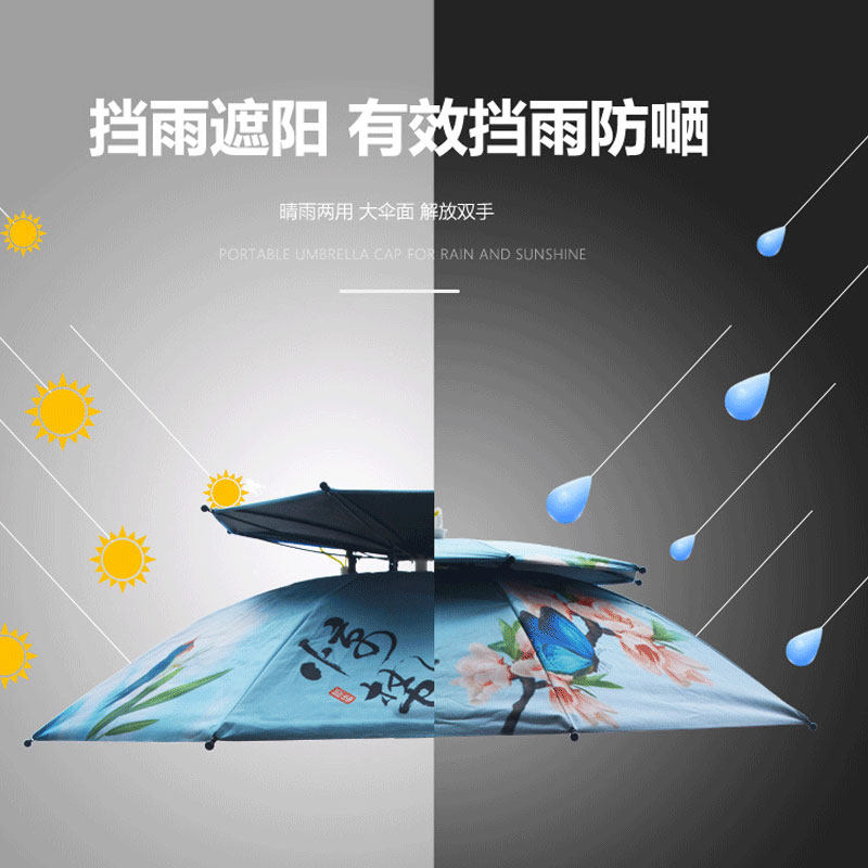 钓鱼伞帽头戴伞全纤维八骨双层遮阳防嗮两用斗笠伞超轻透气黑胶伞