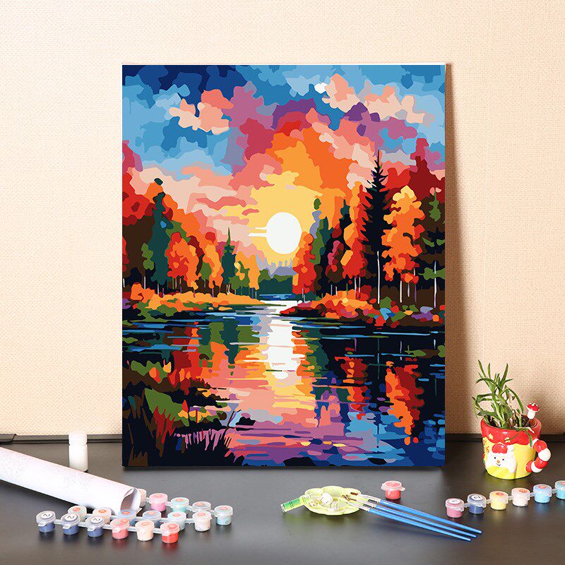 数字油画diy手工填充五彩立体树林风景画减压手绘涂色丙烯油彩画