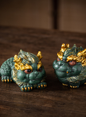创意可爱水火麒麟公母一对彩金高档精品家居客厅桌面装饰摆件送礼