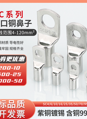紫铜国标A级窥口加厚铜接线端子SC4/6/10/35/70/95/120线耳接线端