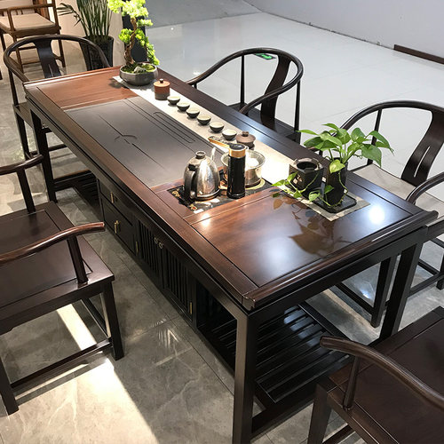高档中式花梨木洽谈茶桌茶台实木家用茶桌椅组合紫檀色办公室茶桌
