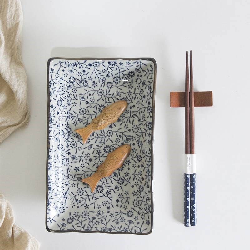 和风四季 釉下彩陶瓷器餐具手绘10英寸长方盘小鱼盘 平盘子寿司盘