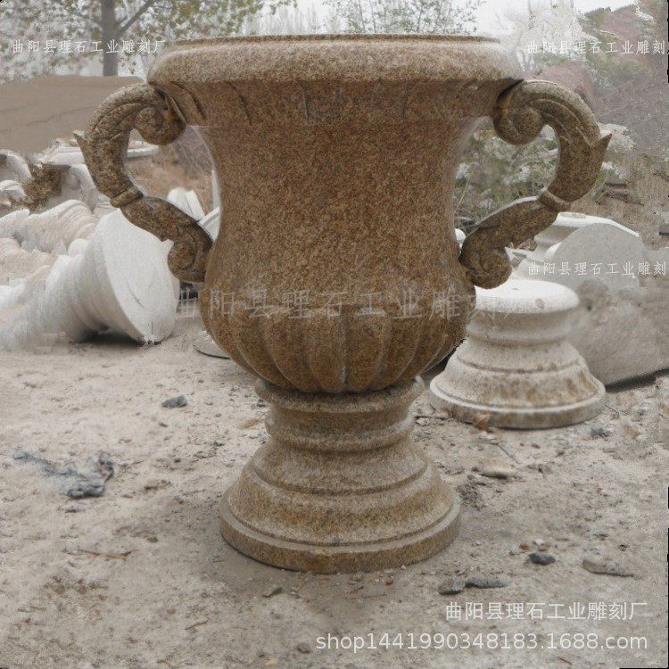 厂家供应石雕花钵花盆花岗岩黄金麻欧式大理石花钵园林小区装饰件