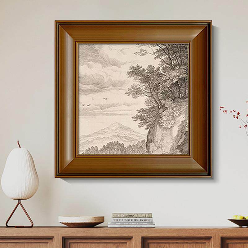 风景线稿素描挂画法式复古客厅装饰画美拉德中古餐厅玄关卧室壁画