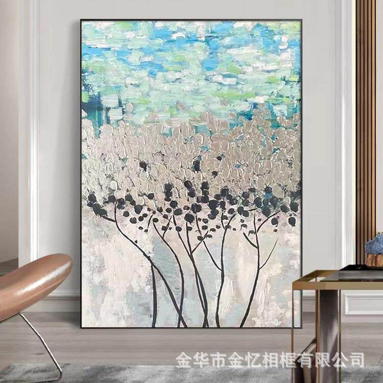 纯手绘立体肌理装饰画玄关竖款油画现代简约抽象挂画落地画发财树