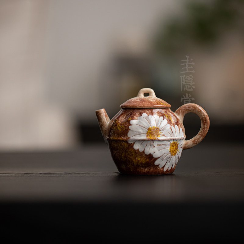 圭隐堂粉引手绘陶瓷茶壶家用复古侘寂风泡茶壶小号单壶防烫手抓壶