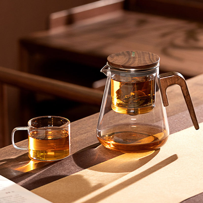 邦田全玻璃内胆飘逸杯泡茶壶胡桃木把手磁旋过滤茶水分离茶壶茶具
