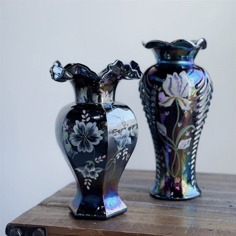 中古芬顿羽角手毛大肚鎏金深色纯六工彩绘琉璃花瓶水养插花器摆件