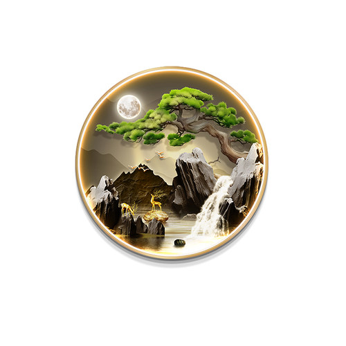 流中生水新财式圆形玄关装饰画寓意好壁画高档大气山水画客厅挂画