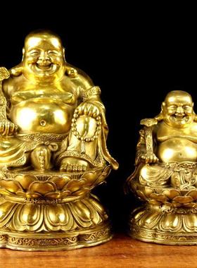 纯黄铜坐莲弥勒小中号 莲花座笑佛高25公分11cm米勒佛铜像
