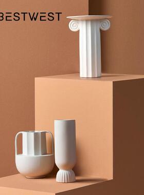 Best west 北欧ins风高档陶瓷罗马柱花瓶摆件 样板间软装家居饰品