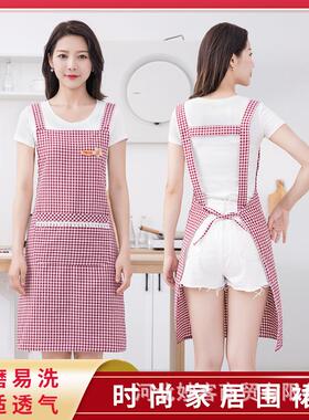 家用2024外穿围裙女厨房防污透气家工作服韩国红色双口袋背带围腰