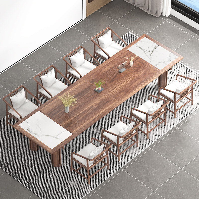 新中式白蜡木loft会议桌工作台电脑桌洽谈桌椅办公桌大型岩板桌子