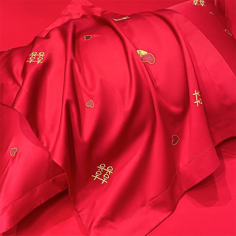 简约婚庆四件套红色100S长绒棉纯棉被套刺绣婚房结婚喜被床上用品