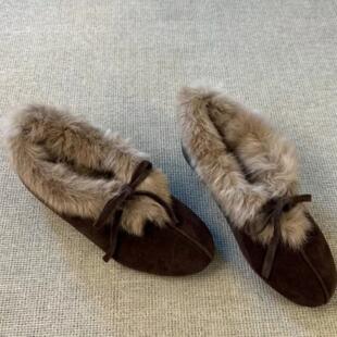 女内增高加绒保暖通勤棉鞋 氛围感 复古风圆头结毛毛鞋