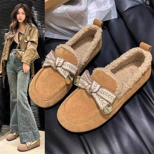 加绒保暖棉鞋 冬季 平底软底外穿乐福鞋 女冬复古勃肯鞋 毛毛鞋