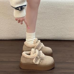 加绒配裙子保暖魔术贴毛毛棉鞋 女复古冬季 文艺松糕厚底勃肯鞋 时尚