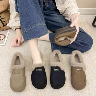 豆豆棉鞋 软底保暖加绒乐福鞋 女秋冬外穿新款 毛毛勃肯鞋