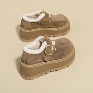 毛毛豆豆勃肯鞋 新款 毛毛扣带雪地靴女冬季 仿牛皮保暖加绒厚底棉鞋