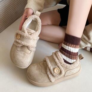 百搭平底羊羔毛勃肯鞋 新款 女冬季 复古大头魔术贴加绒保暖棉鞋