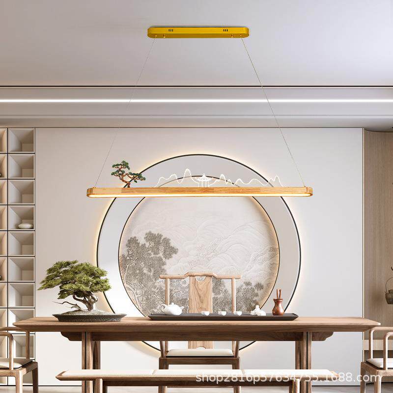 餐厅吊灯新中式实木餐桌长条灯日式木艺创意山水禅意茶室饭厅灯具