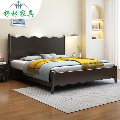 奶油风白色实木床现代简约橡木床家用双人床主卧黑色复古原木风床