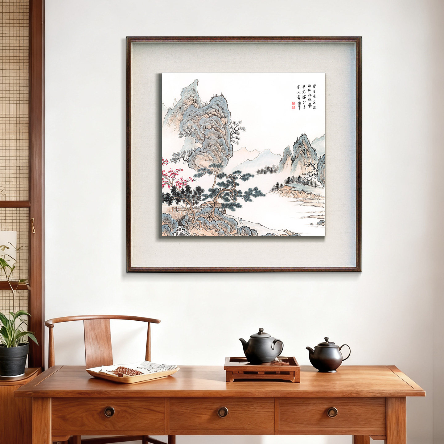 宋式美学手绘斗方国画山水画办公室挂字画客厅沙发壁画玄关装饰画