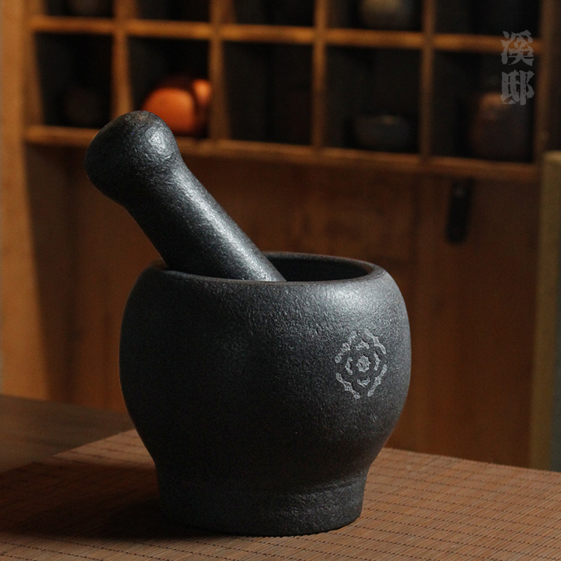天然乌金石石臼捣蒜泥器手动擂钵研磨压蒜器家用蒜臼子老式捣药罐