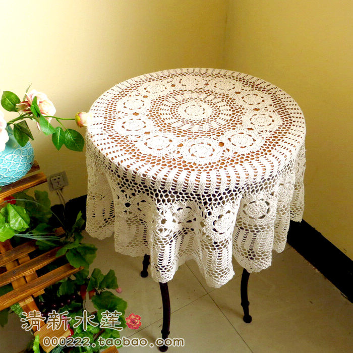 清新水莲 纯手工钩针钩花复古怀旧镂空蕾丝台布圆形餐桌布 白米色,居家布艺,桌布,淘宝优惠券,粉丝福利购,淘宝优惠卷