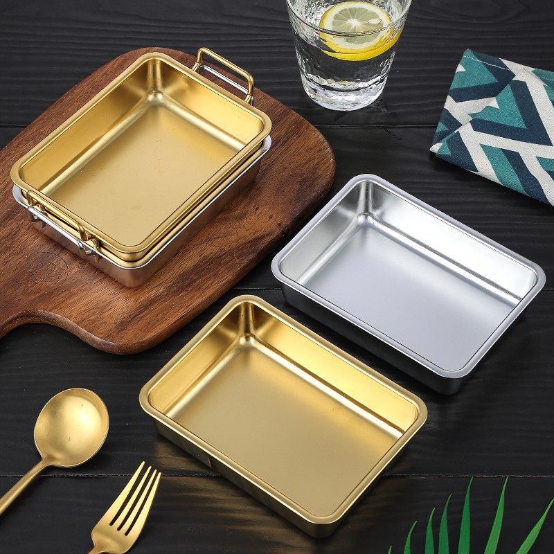 304方盘不锈钢长方形小吃盘炸鸡盘金色带耳水果盘餐厅多用盘果盘