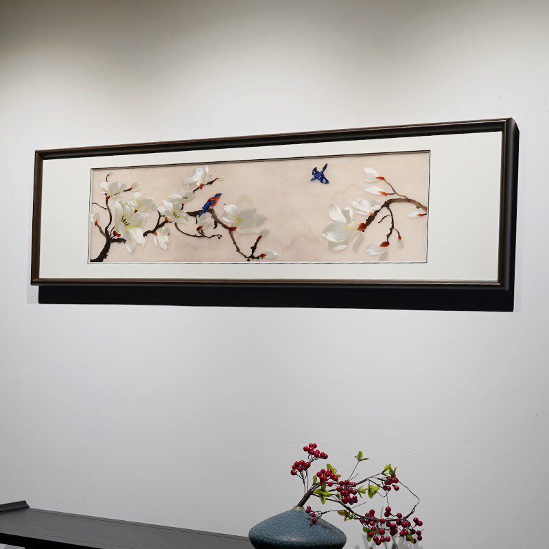 刺绣画玉兰图客厅沙发背景卧室绣中式刺州纯手工苏绣苏新挂画成品