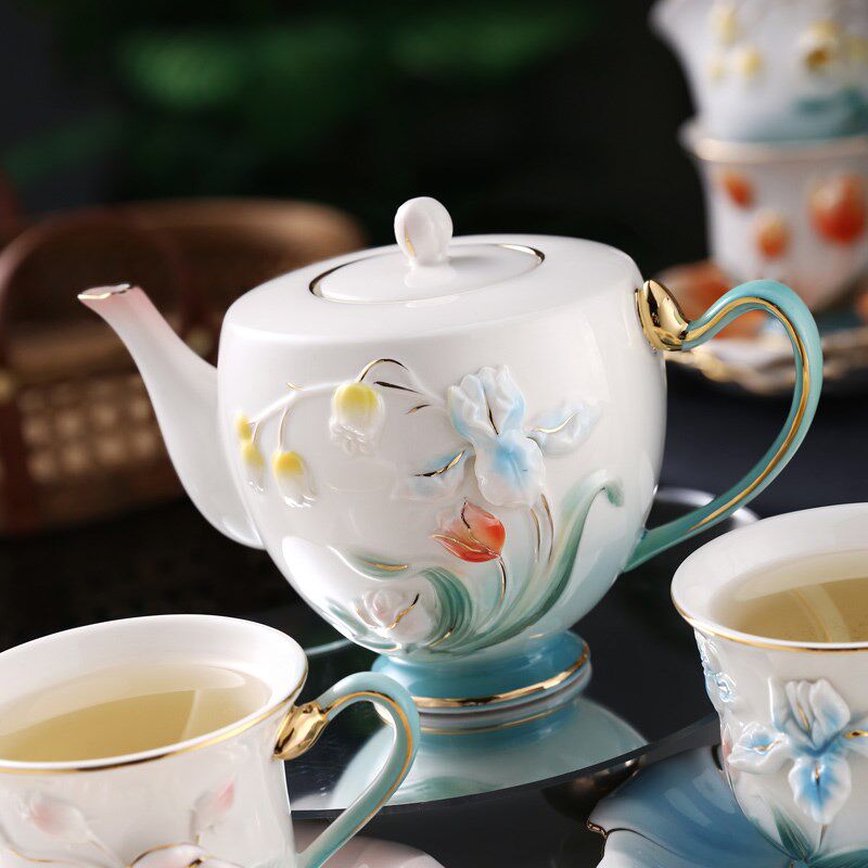 浮雕花卉手绘下午茶陶瓷茶具套装整套咖啡具咖啡杯碟盒