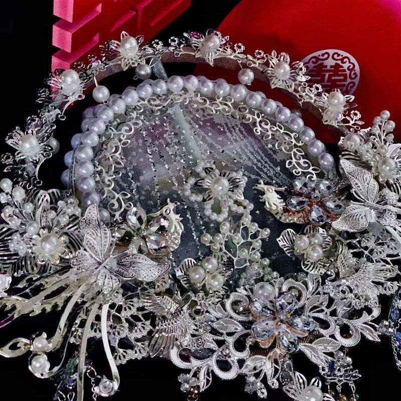新娘团扇银色手工diy材料包结婚中式婚礼婚纱喜扇出嫁秀禾扇双面