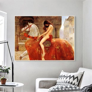 1496客厅装饰画背景壁画餐厅简欧油画挂画骏马人物玄关戈黛娃夫人