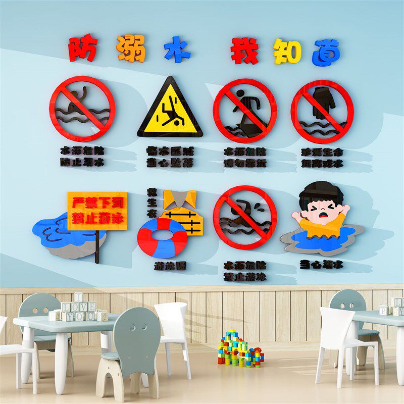 防溺水黑板报标志标识幼儿园安全宣传环创主题文化墙贴布置3d立体