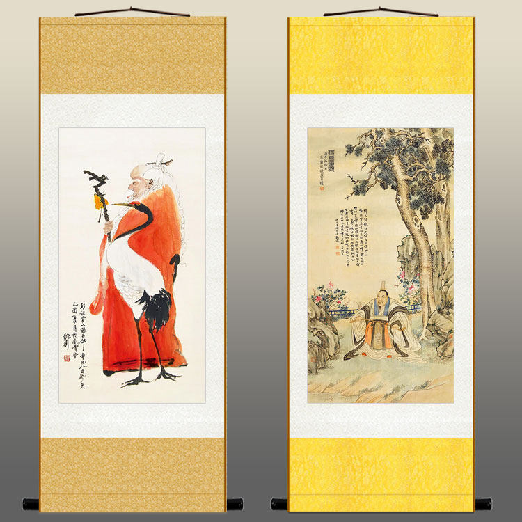 彭祖人物画像 仙鹤长寿气功烹饪祖师始祖卷轴挂画 装饰画定制订做