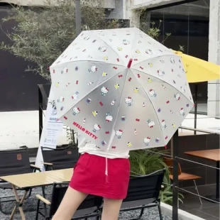长柄抗风三折透明雨伞猫头把柄女全自动便携凯蒂折叠ins加厚