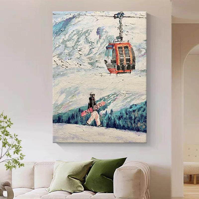 奶油风滑雪运动纯手绘油画客厅挂画雪山风景厚肌理创意玄关装饰画
