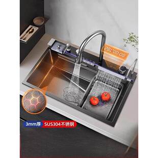 乌林雨舞瀑布水槽大单槽手工加厚纳米304不锈钢厨房家用洗涤水槽