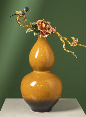 柏梵铜葫芦摆件创意珐琅彩喜上枝头高档客厅酒柜玄关招财装饰品