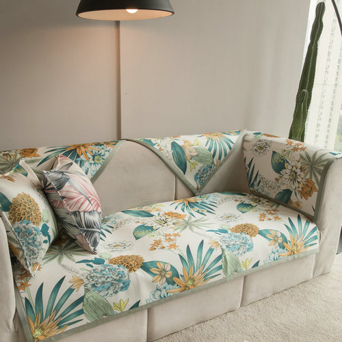 夏季花卉可水洗冰丝沙发垫夏天款防滑凉席套罩巾凉垫皮沙发坐垫子