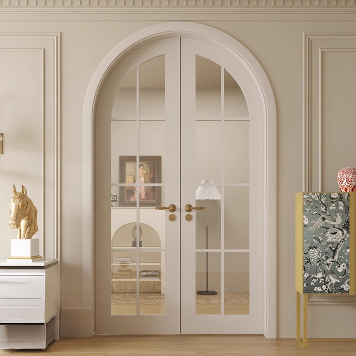 实木法式门卧室门双开门烤漆定制复古风卧室房间圆弧形拱形对开门