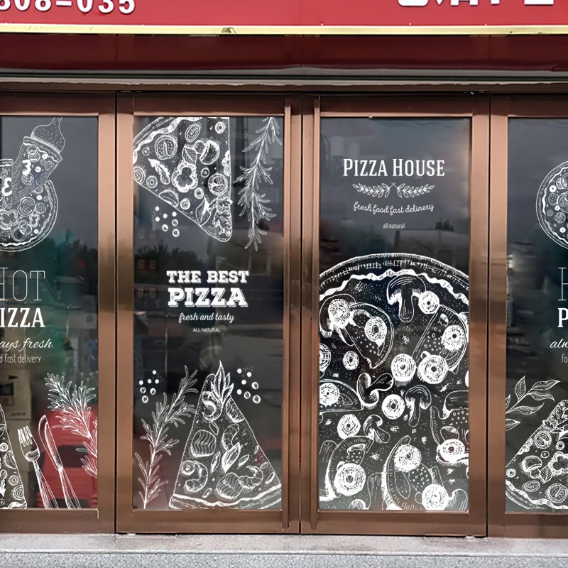 创意手绘披萨西餐厅快餐店铺橱窗隔断防偷窥免胶磨砂静电玻璃贴膜