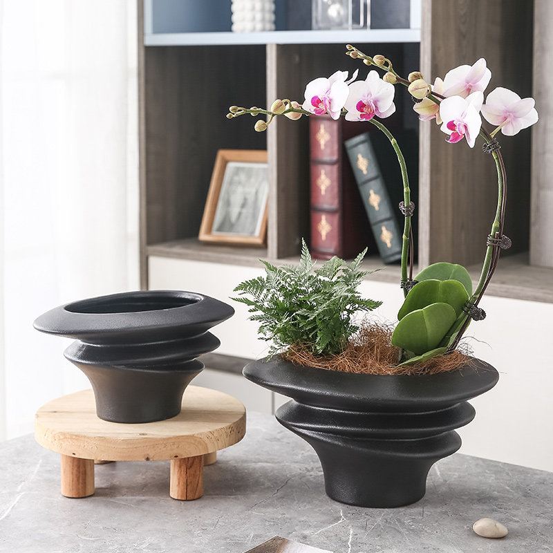 微景观陶瓷花盆黑色异形状无孔可水培盆器盆景组合多肉绿植蝴蝶兰