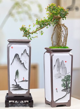 紫砂花盆四方高款客厅造景复古陶瓷家用桌面悬崖老桩兰花专用盆景