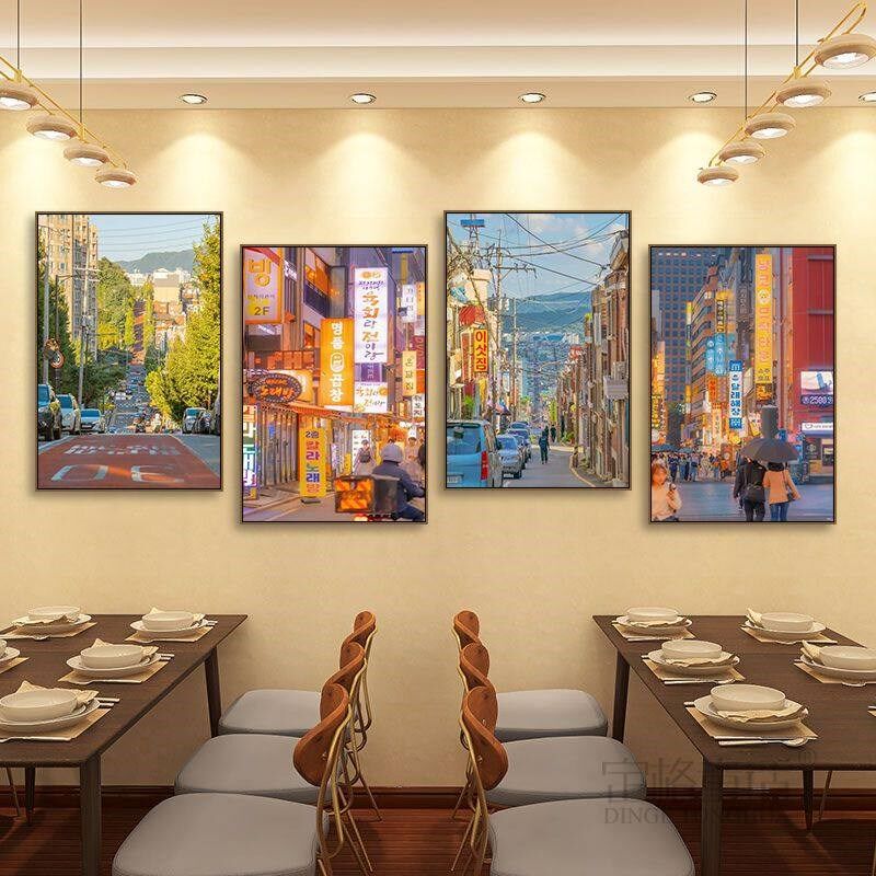 韩国首尔建筑风景挂画韩式料理餐厅烤肉店炸鸡店城市街景装饰画