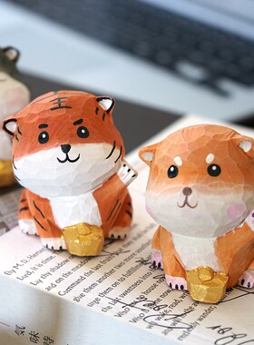 元宝招财萌宠手工木雕小摆件柴犬猫咪木质创意治愈桌面装饰品