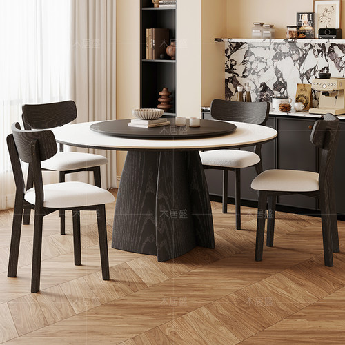 木居盛 法式复古全实木餐桌椅组合中古风大圆桌岩板伸缩餐桌家用