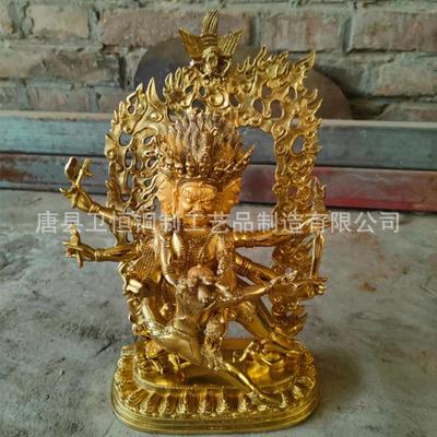 20高纯铜三面普巴马头冥王藏传佛像鎏金彩绘铜像密宗藏佛家居摆件
